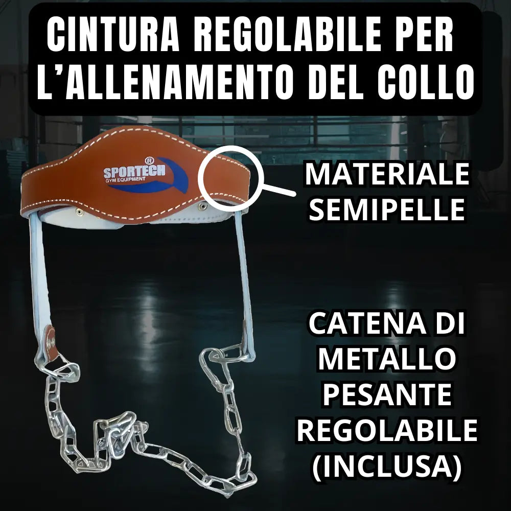 Sportech Italia - Cintura palestra allenamento collo, imbracatura testa per Workout Boxe, Calisthenics Bodybuilding - Head Harness con catena di metallo - Punto Fitness Potenza