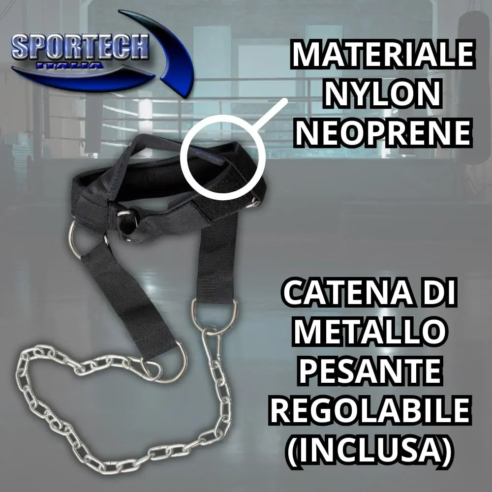 Sportech Italia - Cintura palestra allenamento collo, imbracatura testa per Workout Boxe, Calisthenics Bodybuilding - Head Harness con catena di metallo - Punto Fitness Potenza