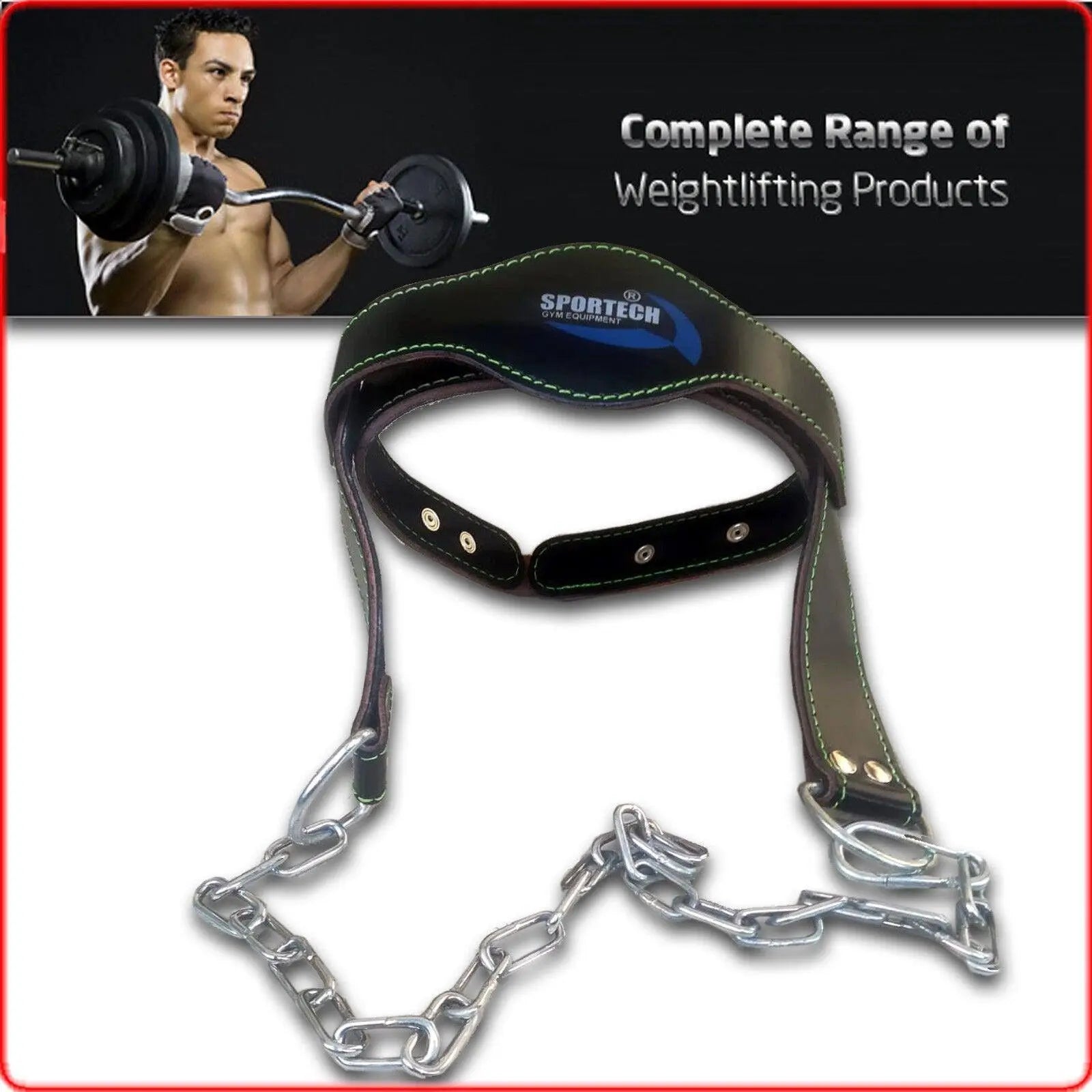 Sportech Italia - Cintura allenamento collo in Pelle, imbracatura imbottita testa per Workout Palestra Boxe Calisthenics Bodybuilding - Head Harness con catena di metallo - Punto Fitness Potenza