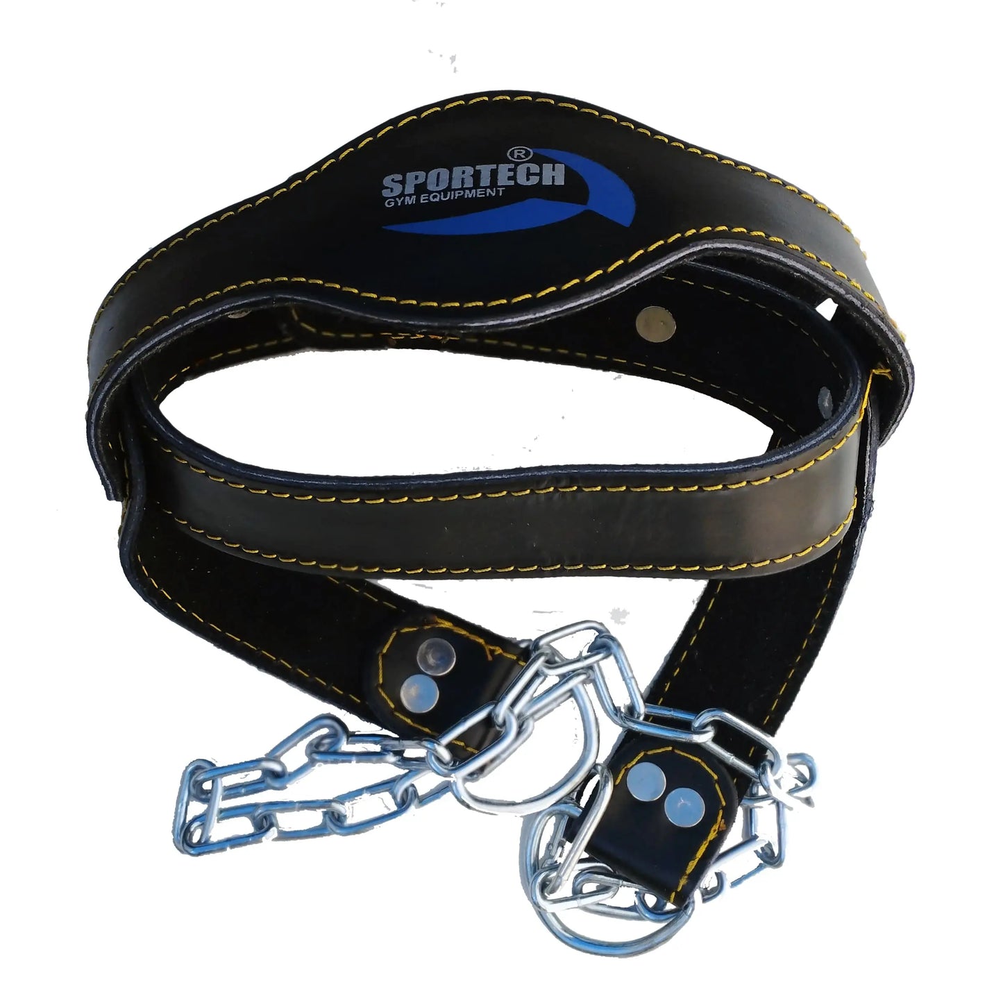 Sportech Italia - Cintura allenamento collo in Pelle, imbracatura imbottita testa per Workout Palestra Boxe Calisthenics Bodybuilding - Head Harness con catena di metallo - Punto Fitness Potenza