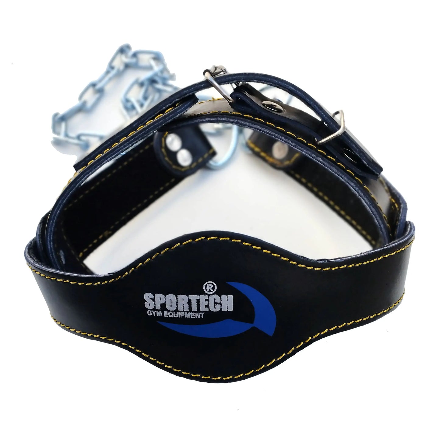 Sportech Italia - Cintura allenamento collo in Pelle, imbracatura imbottita testa per Workout Palestra Boxe Calisthenics Bodybuilding - Head Harness con catena di metallo - Punto Fitness Potenza