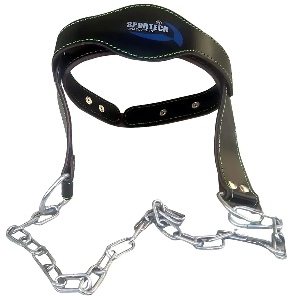 Sportech Italia - Cintura allenamento collo in Pelle, imbracatura imbottita testa per Workout Palestra Boxe Calisthenics Bodybuilding - Head Harness con catena di metallo - Punto Fitness Potenza