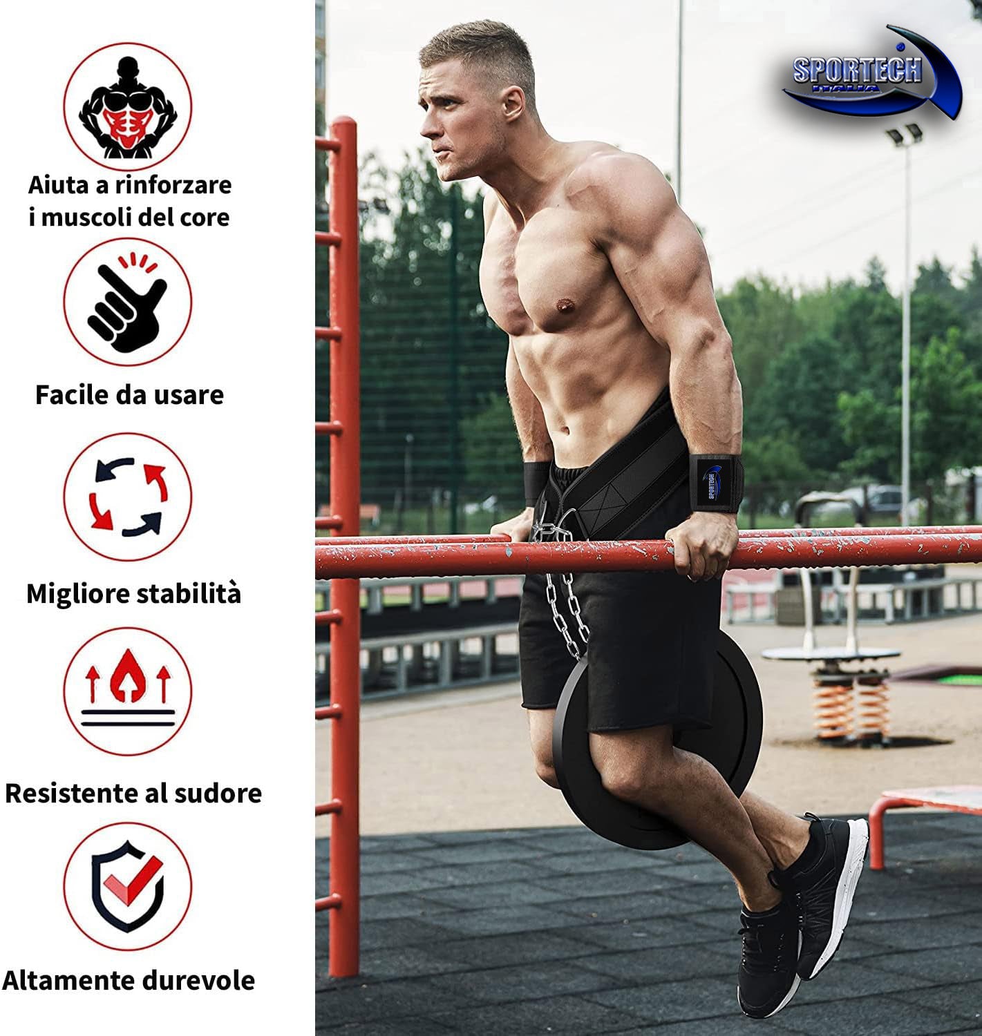 Sportech Italia - Cintura Powerlifting per Dip Bodybuilding | Sollevamento Pesi Esercizio Fitness Calisthenics Cintura Palestra Sovraccarico