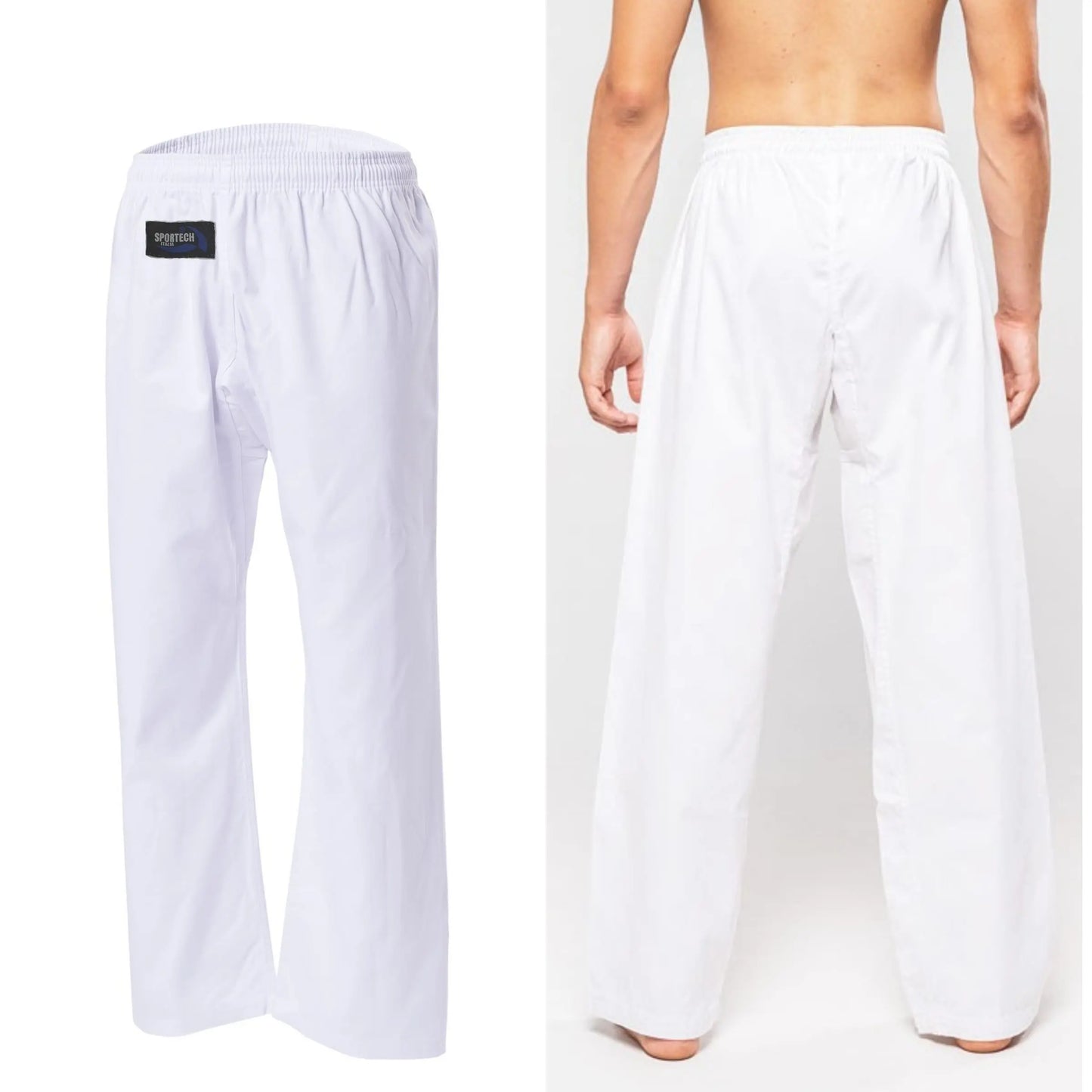Pantaloni Arti Marziali Karate Kumite KungFu Wushu JuJitsu Judo Tai Chi Shaolin bianco davanti e dietro - Punto Fitness Potenza