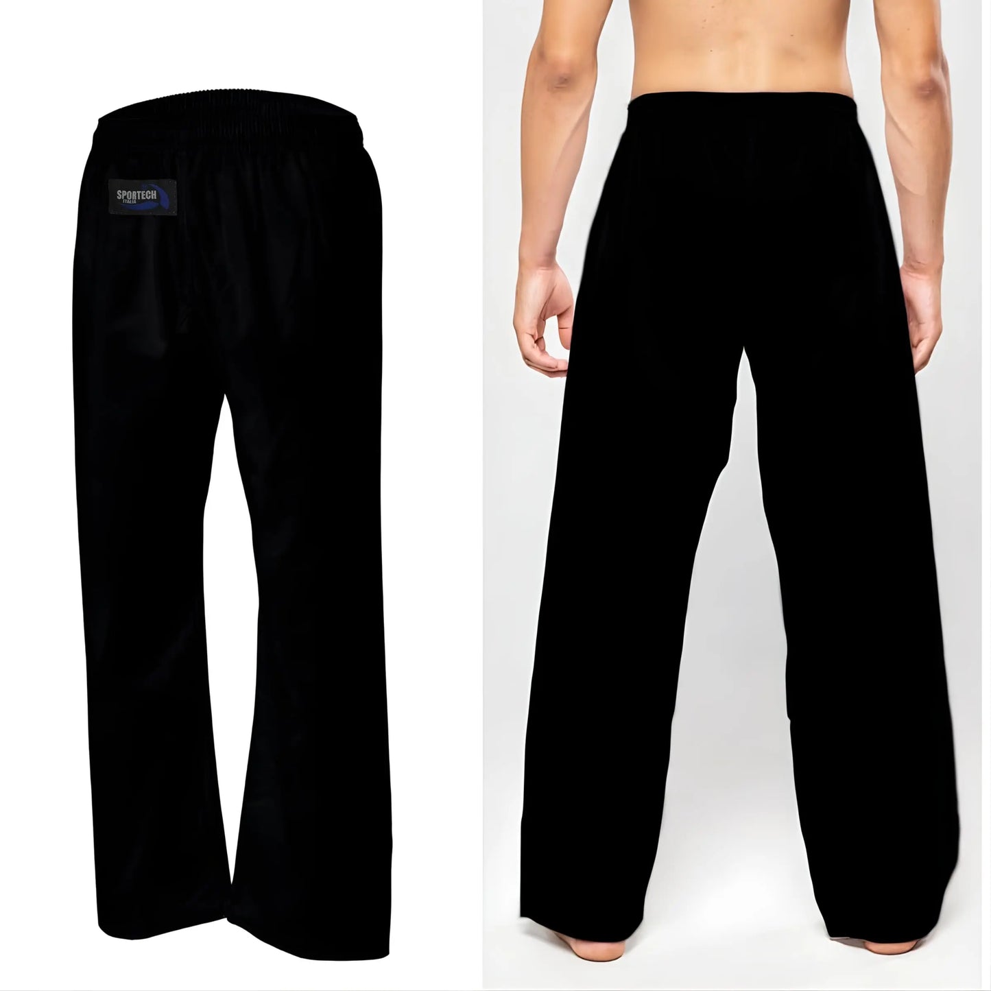 Pantaloni Arti Marziali Karate Kumite KungFu Wushu JuJitsu Judo Tai Chi Shaolin nero davanti e dietro - Punto Fitness Potenza