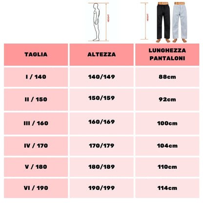 Pantaloni Arti Marziali Karate Kumite KungFu Wushu JuJitsu Judo Tai Chi Shaolin tabella misure - Punto Fitness Potenza