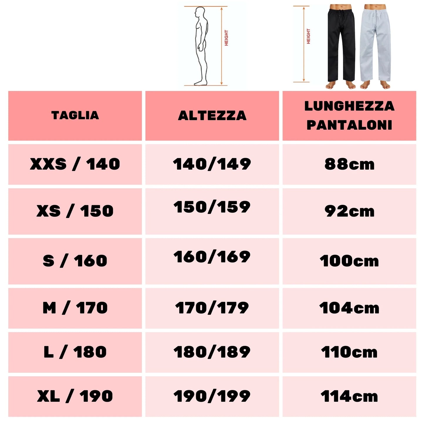 Pantaloni Arti Marziali Karate Kumite KungFu Wushu JuJitsu Judo Tai Chi Shaolin tabella misure - Punto Fitness Potenza