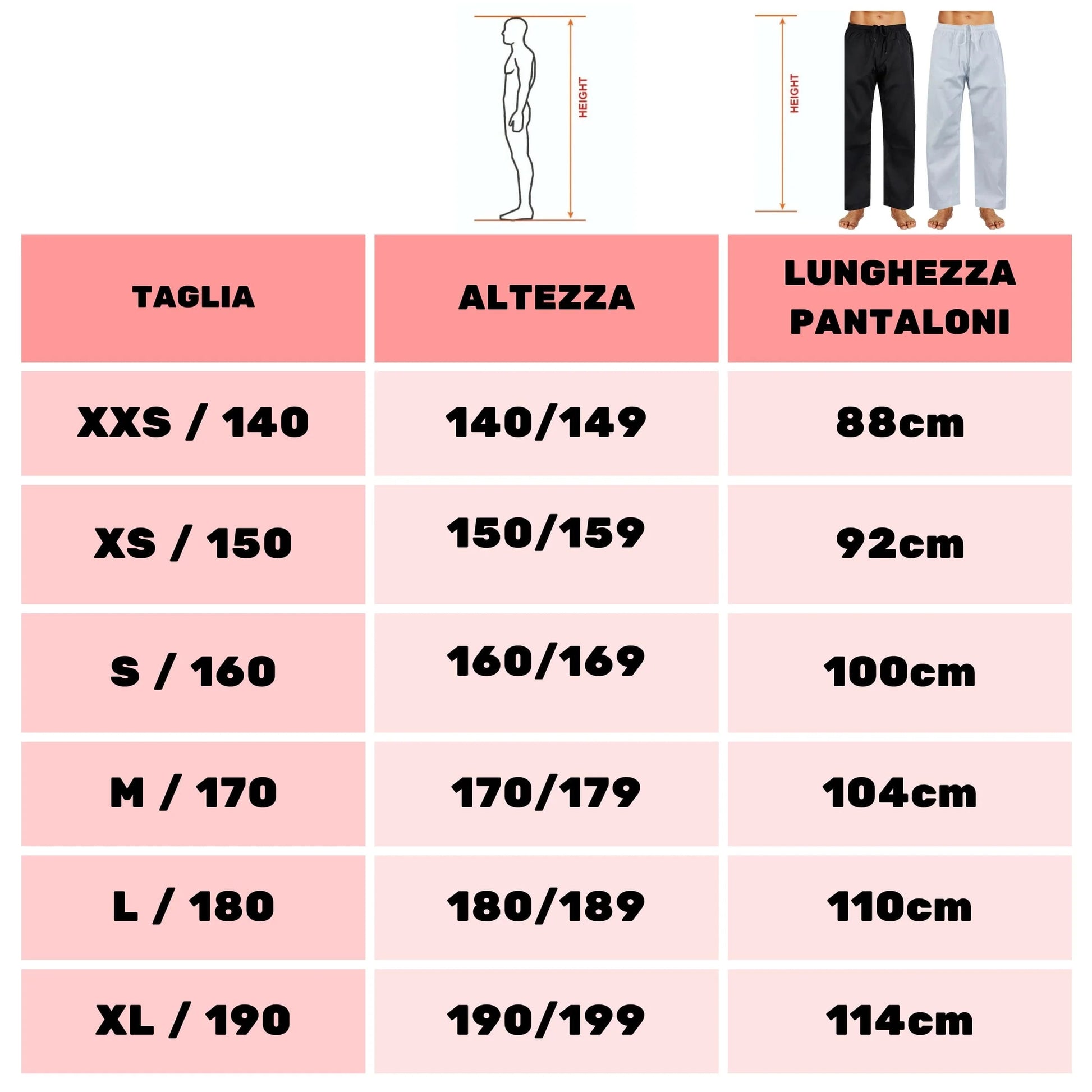 Pantaloni Arti Marziali Karate Kumite KungFu Wushu JuJitsu Judo Tai Chi Shaolin tabella misure - Punto Fitness Potenza