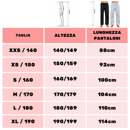 Pantaloni Arti Marziali Karate Kumite KungFu Wushu JuJitsu Judo Tai Chi Shaolin tabella misure - Punto Fitness Potenza