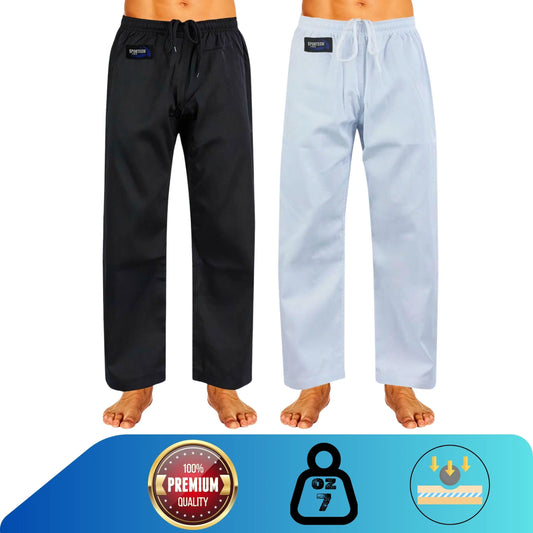 Pantaloni Arti Marziali Karate Kumite KungFu Wushu JuJitsu Judo Tai Chi Shaolin nero o bianco caratteristiche - Punto Fitness Potenza