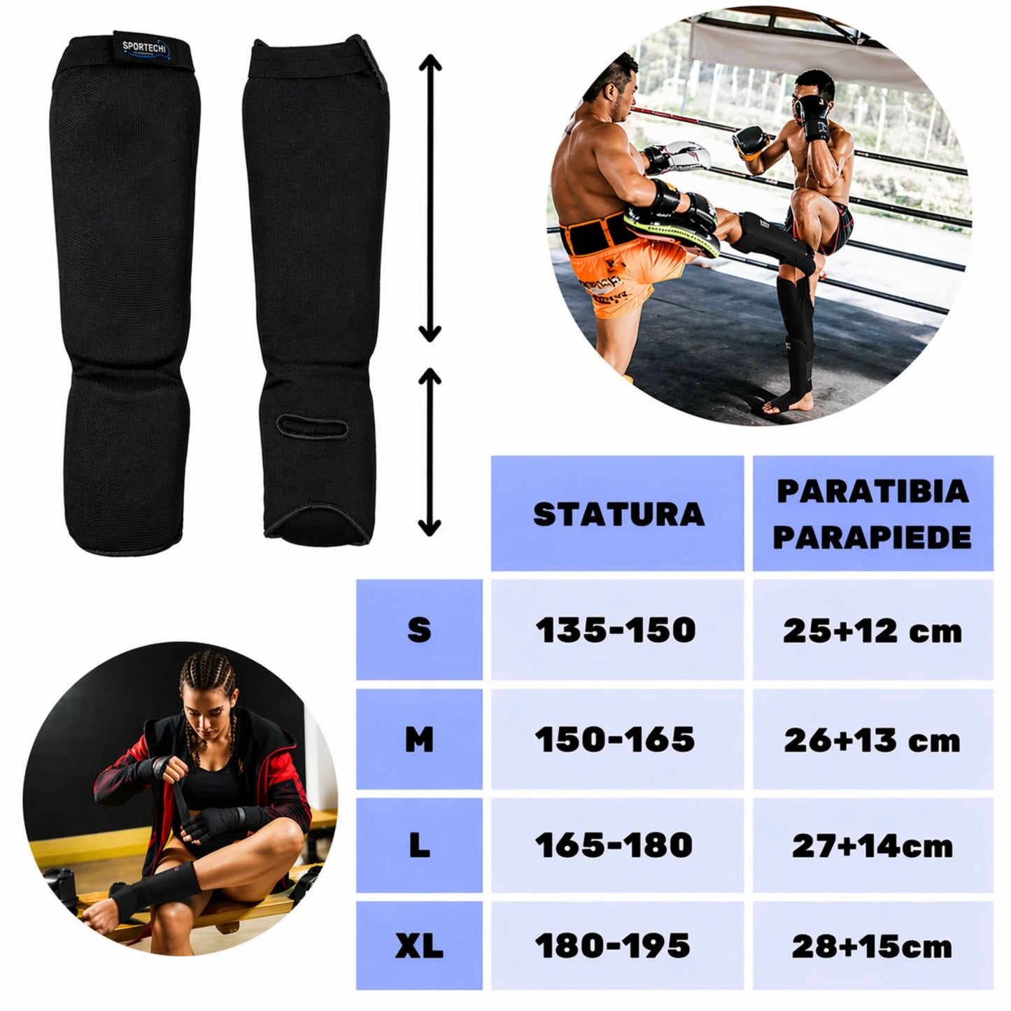 Paratibiapiede imbottito Sportech paratibia e parapiede imbottiti Arti Marziali Muay Thai Kickboxing Karate Colore Nero Misure - Punto Fitness Potenza