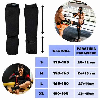 Paratibiapiede imbottito Sportech paratibia e parapiede imbottiti Arti Marziali Muay Thai Kickboxing Karate Colore Nero Misure - Punto Fitness Potenza