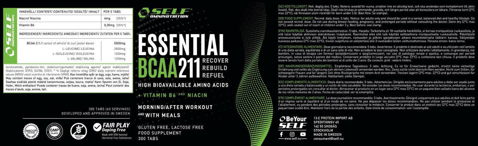 Self ESSENTIAL BCAA 211 aminoacidi ramificati 100/300 tabs rapporto 2:1:1 con B6 - Punto Fitness