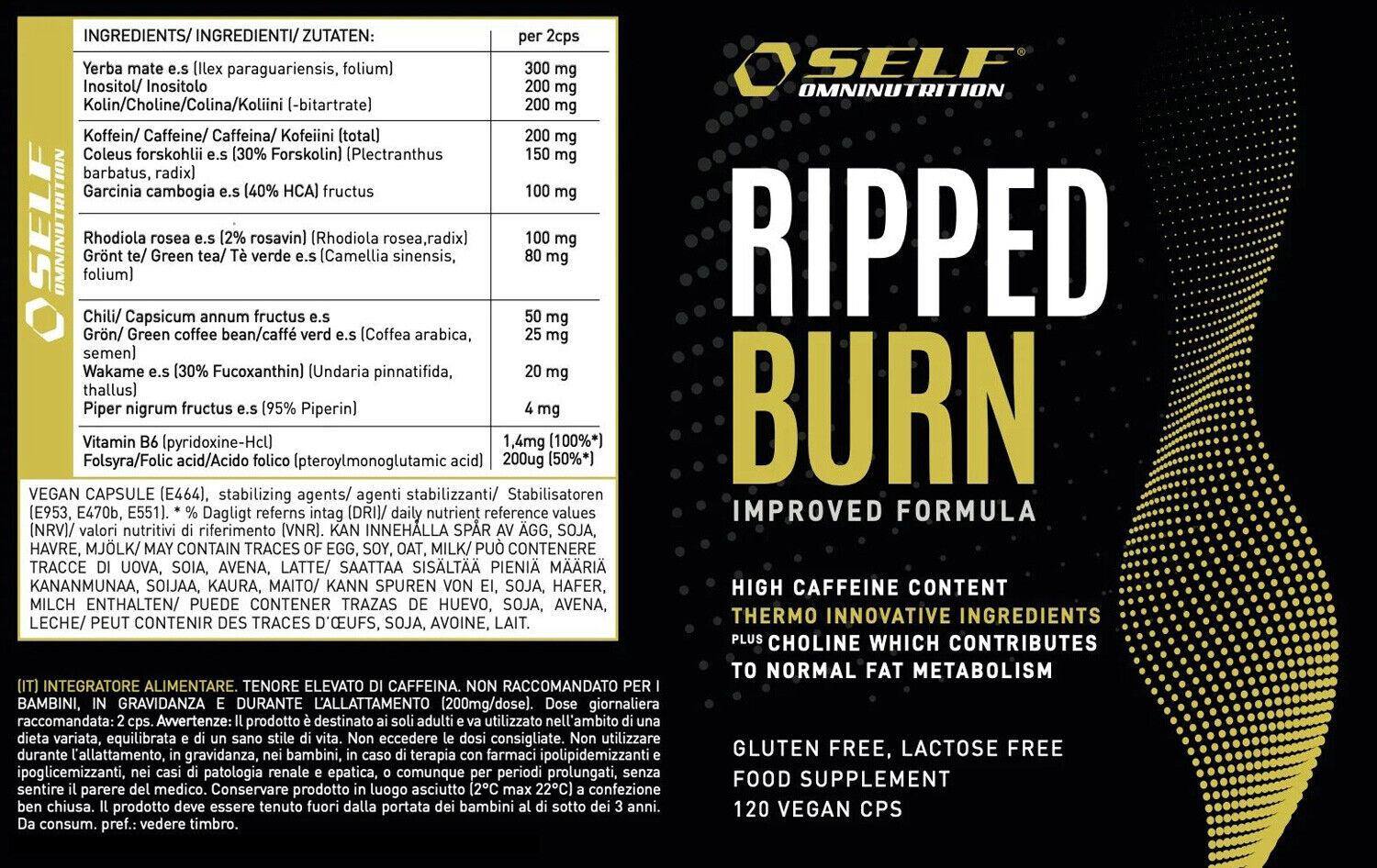 Self RIPPED BURN termogenico 120/240cps brucia grassi dimagrante perdita peso tabella nutrizionale - Punto Fitness