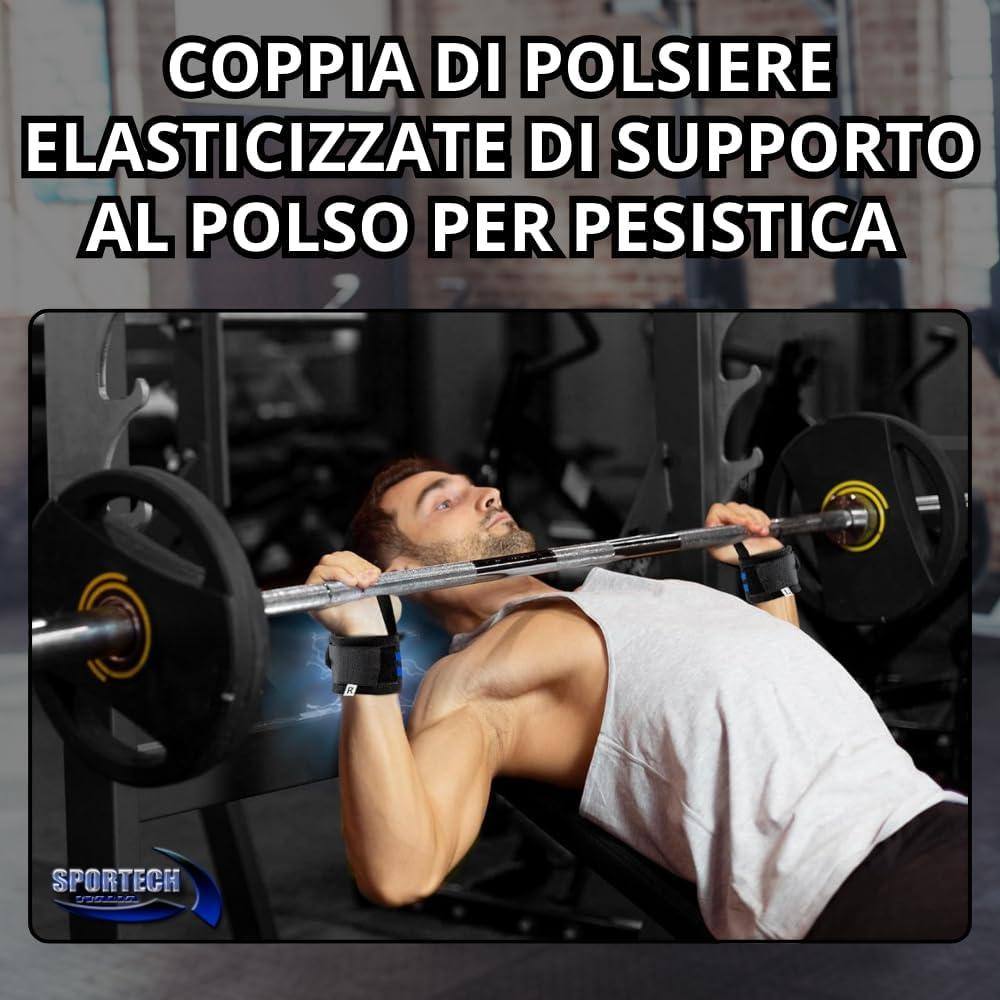 Sportech Italia - Polsiere Palestra Professionali, Polsini Straps Elastici per Grip Sollevamento Pesi, Fasce Strap Ideali per Allenamento, Bodybuilding, Crossfit, Powerlifting - Punto Fitness