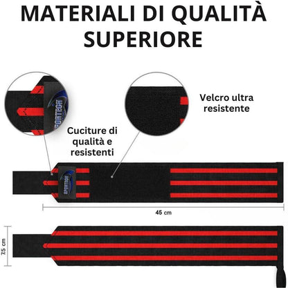 Sportech Italia - Polsiere Palestra Professionali, Polsini Straps Elastici per Grip Sollevamento Pesi, Fasce Strap Ideali per Allenamento, Bodybuilding, Crossfit, Powerlifting - Punto Fitness